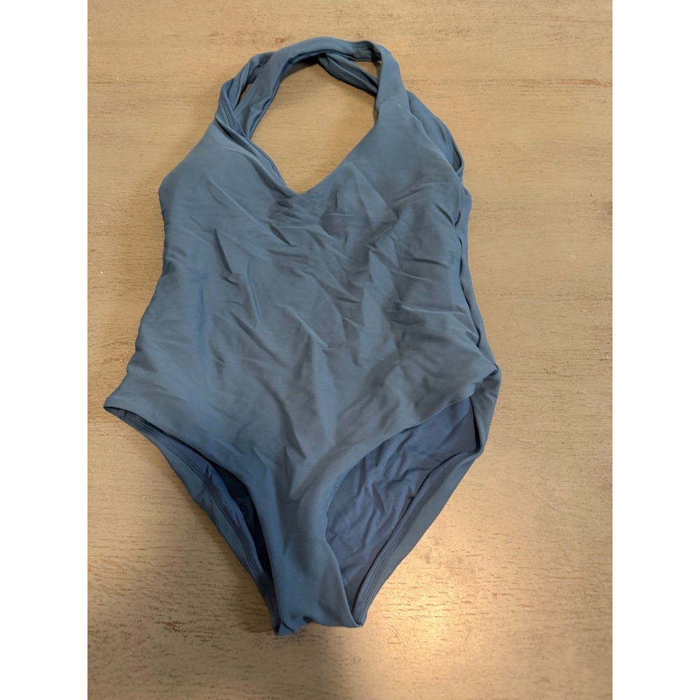 Prana Womens Ribbed Halter One Piece Swimsuit Blue Twist Neck Scoop Back Small